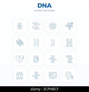 Thoughtfully designed 16 vector icons themed around Dna, crafted in Thin Outline with 128x128 PIXEL perfect precision for contemporary design needs. Stock Vector