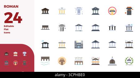 Thoughtfully designed 24 vector icons themed around Roman, crafted in Flat with 128x128 PIXEL perfect precision for contemporary design needs. Stock Vector