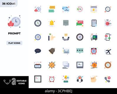 Innovative pack of 36 vector icons themed around Prompt, showcasing Flat Color design in 128x128 PIXEL perfect format for modern digital solutions. Stock Vector
