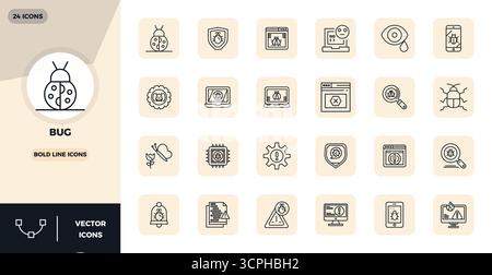 Set of 24 Bold Line PIXEL perfect vector icons themed around Bug, crafted in 128x128 resolution for seamless integration in apps and websites. Stock Vector