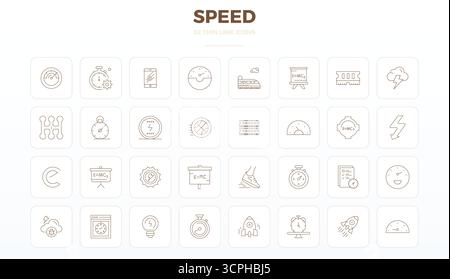 Thoughtfully designed 32 vector icons themed around Speed, crafted in Thin Outline with 128x128 PIXEL perfect precision for contemporary design needs. Stock Vector