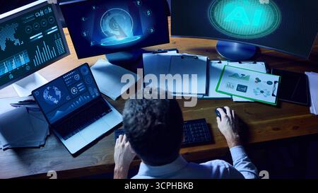 Professional using multiple holographic displays with AI-driven financial dashboards. Collage Stock Photo