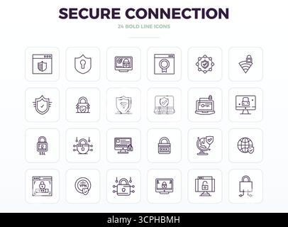 Perfectly balanced 24 Strong Outline PIXEL perfect vector icons for Secure Connection, sized at 128x128 for harmonious integration in digital design p Stock Vector