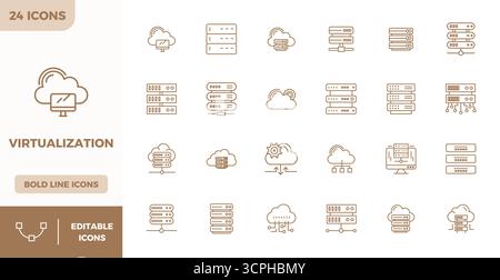 This collection features 24 Heavy Line PIXEL perfect vector icons tailored to the Virtualization theme, optimized in 128x128 format for digital design Stock Vector