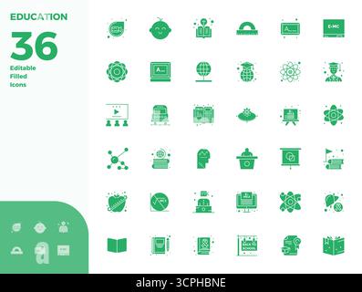 Exclusive collection of 36 Glyph Filled vector icons for Education, developed with 128x128 PIXEL perfect resolution for premium brand experiences. Stock Vector