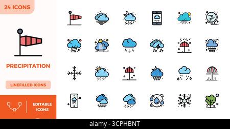 Unlock 24 Flat Lineal Color PIXEL perfect vector icons inspired by Precipitation, optimized in 128x128 format for flawless display across all devices. Stock Vector