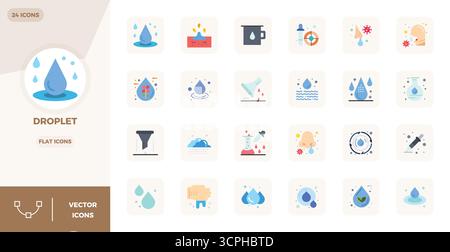 Industry-leading pack of 24 Flat PIXEL perfect vector icons for Droplet, sized at 128x128 for optimal rendering and user interface excellence. Stock Vector