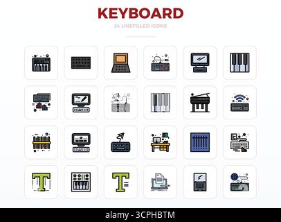 Exceptional collection of 24 LineFill vector icons for Keyboard, delivered in 128x128 PIXEL perfect resolution for unparalleled visual excellence and Stock Vector