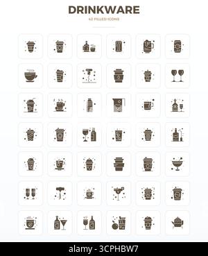 This collection features 42 SolidFill PIXEL perfect vector icons tailored to the Drinkware theme, optimized in 128x128 format for digital design. Stock Vector
