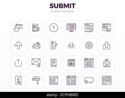 Unlock 24 Strong Outline PIXEL perfect vector icons inspired by Submit, optimized in 128x128 format for flawless display across all devices. Stock Vector