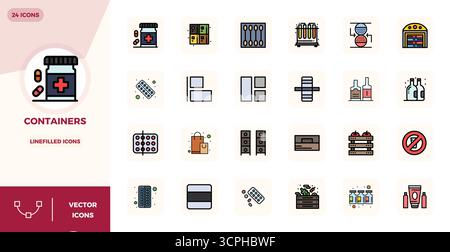 Exclusive collection of 24 LineFilled vector icons for Containers, developed with 128x128 PIXEL perfect resolution for premium brand experiences. Stock Vector