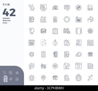 Comprehensive toolkit of 42 vector icons themed around Task, developed in Bold Line with 128x128 PIXEL perfect precision for versatile design applicat Stock Vector