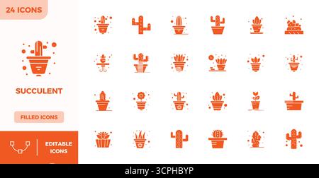Set of 24 Filled PIXEL perfect vector icons themed around Succulent, crafted in 128x128 resolution for seamless integration in apps and websites. Stock Vector