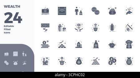 Innovative pack of 24 vector icons themed around Wealth, showcasing Glyph Filled design in 128x128 PIXEL perfect format for modern digital solutions. Stock Vector