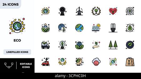 Streamlined set of 24 vector icons for Eco in Flat Lineal Color aesthetic, featuring 128x128 PIXEL perfect resolution for seamless user experiences. Stock Vector