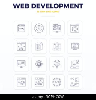 Carefully curated 16 Thin Outline vector icons for Web Development, featuring 128x128 PIXEL perfect resolution for consistent brand representation and Stock Vector