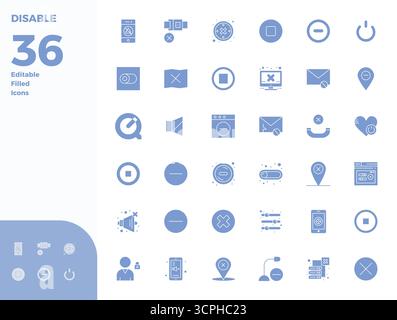 Artfully designed 36 Glyph Filled PIXEL perfect vector icons for Disable, delivered in 128x128 format for consistent visual excellence. Stock Vector