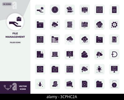 Strategic bundle featuring 36 vector icons representing File Management in Filled format, optimized with 128x128 PIXEL perfect quality for professiona Stock Vector