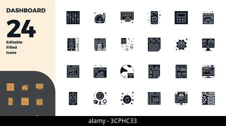 Comprehensive bundle featuring 24 vector icons in Glyph Filled design for Dashboard, delivered in crisp 128x128 PIXEL perfect quality. Stock Vector