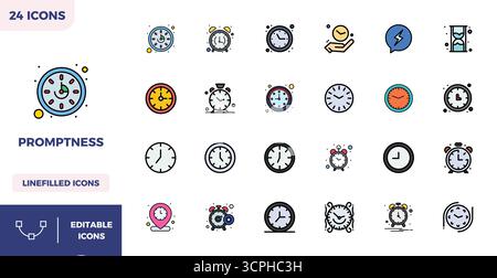 Beautifully rendered 24 Flat Lineal Color PIXEL perfect vector icons for Promptness, created at 128x128 resolution for stunning visual consistency acr Stock Vector