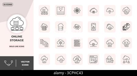 Perfectly balanced 24 Bold Line PIXEL perfect vector icons for Online Storage, sized at 128x128 for harmonious integration in digital design projects. Stock Vector