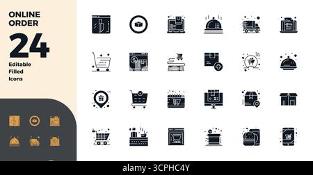 Expertly designed 24 Glyph Filled PIXEL perfect vector icons for Online Order, engineered at 128x128 resolution for flawless integration and performan Stock Vector