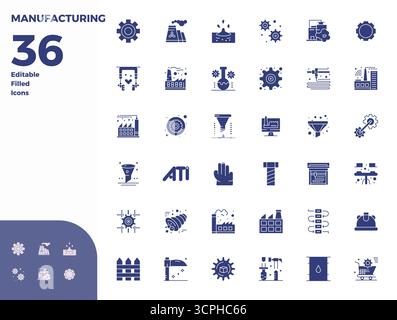 Vector pack with 36 Glyph Filled PIXEL perfect icons inspired by Manufacturing, delivered in 128x128 resolution ideal for scalable and creative design Stock Vector