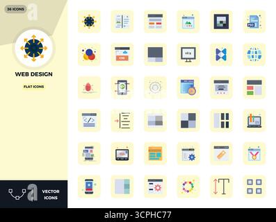 Carefully curated 36 Flat vector icons for Web Design, featuring 128x128 PIXEL perfect resolution for consistent brand representation and user experie Stock Vector