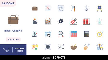Collection of 24 Flat Color PIXEL perfect vector icons for Instrument, designed in 128x128 format for clarity and versatility. Stock Vector