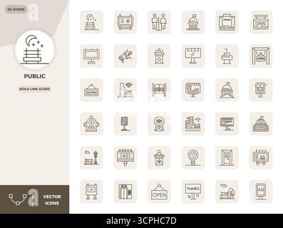 Future-ready pack of 36 vector icons themed around Public, showcasing Bold Line design with 128x128 PIXEL perfect clarity for innovative user interfac Stock Vector