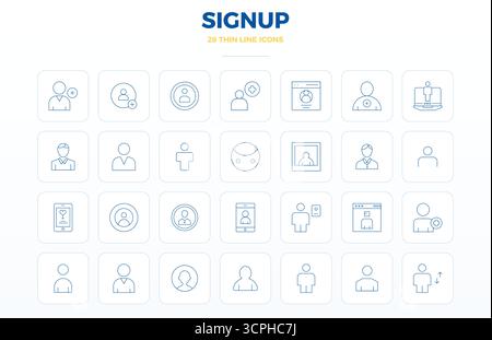 This Signup vector icon pack includes 28 Thin Outline designs in 128x128 PIXEL perfect format, perfect for enhancing digital interfaces. Stock Vector
