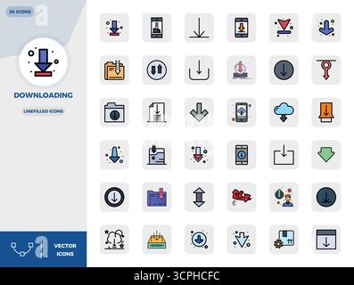 Ultimate collection of 36 vector icons representing Downloading in LineFilled aesthetic, optimized with 128x128 PIXEL perfect resolution for maximum i Stock Vector
