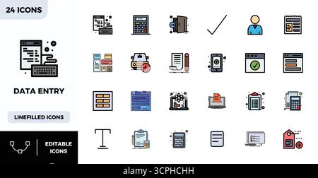 Carefully curated 24 Flat Lineal Color vector icons for Data Entry, featuring 128x128 PIXEL perfect resolution for consistent brand representation and Stock Vector