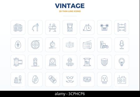 Set of 28 Thin Outline PIXEL perfect vector icons themed around Vintage, crafted in 128x128 resolution for seamless integration in apps and websites. Stock Vector