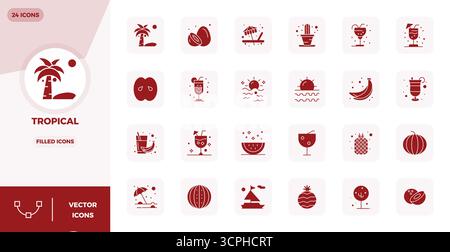 Masterfully created 24 vector icons representing Tropical in Filled design, featuring 128x128 PIXEL perfect resolution for exceptional visual quality. Stock Vector