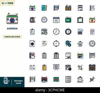 Streamlined set of 42 vector icons for Agenda in Flat Lineal Color aesthetic, featuring 128x128 PIXEL perfect resolution for seamless user experiences Stock Vector