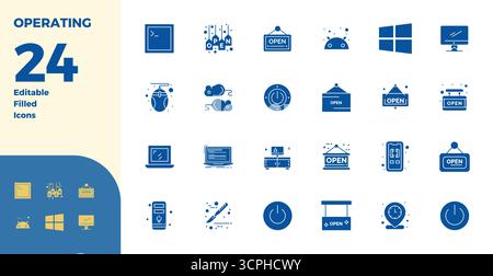 Comprehensive bundle featuring 24 vector icons in Glyph Filled design for Operating, delivered in crisp 128x128 PIXEL perfect quality. Stock Vector