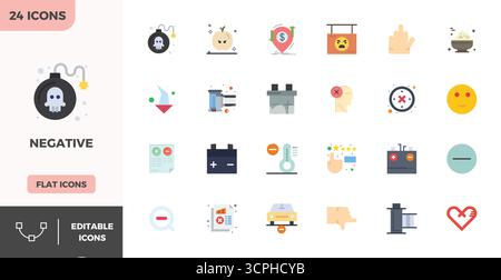 Complete package of 24 vector icons themed around Negative, showcasing Flat Color design in 128x128 PIXEL perfect quality for modern interfaces. Stock Vector