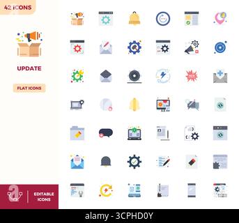 Collection of 42 Flat Color PIXEL perfect vector icons for Update, designed in 128x128 format for clarity and versatility. Stock Vector