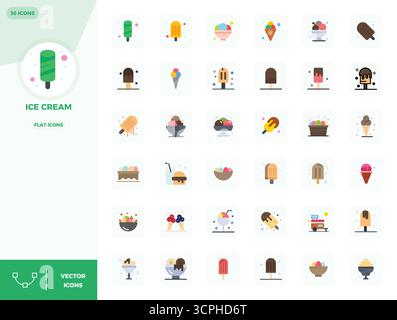 Handcrafted collection featuring 36 Flat vector icons for Ice Cream, optimized in 128x128 PIXEL perfect resolution for premium digital experiences. Stock Vector