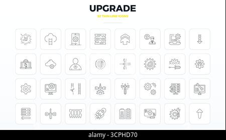 Professional-grade collection of 32 Thin Outline vector icons representing Upgrade, crafted with 128x128 PIXEL perfect precision for enterprise applic Stock Vector