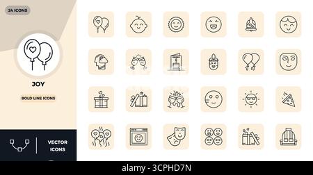 Expertly designed 24 Bold Line PIXEL perfect vector icons for Joy, engineered at 128x128 resolution for flawless integration and performance. Stock Vector