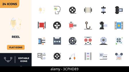 Vector pack with 24 Flat Color PIXEL perfect icons inspired by Reel, delivered in 128x128 resolution ideal for scalable and creative design work. Stock Vector
