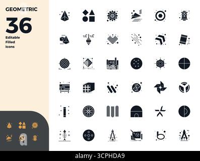 Expertly designed 36 Glyph Filled PIXEL perfect vector icons for Geometric, engineered at 128x128 resolution for flawless integration and performance. Stock Vector