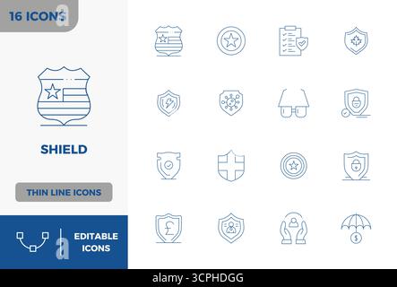 Advanced collection of 16 PIXEL perfect vector icons inspired by Shield, crafted in Minimal Line with 128x128 optimization for superior visual perform Stock Vector