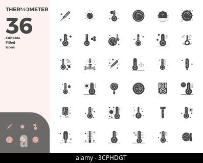 A versatile set of 36 Glyph Filled PIXEL perfect vector icons focused on Thermometer, delivered in crisp 128x128 format ideal for mobile and web appli Stock Vector