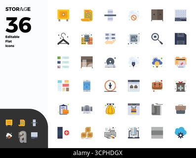 Intelligently designed 36 PIXEL perfect vector icons inspired by Storage, created in Flat format at 128x128 for smart and efficient design workflows. Stock Vector