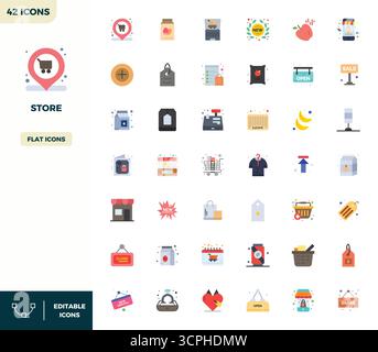 Handcrafted collection featuring 42 Flat Color vector icons for Store, optimized in 128x128 PIXEL perfect resolution for premium digital experiences. Stock Vector