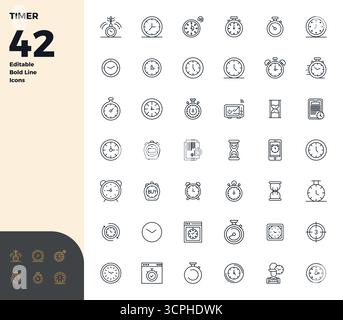 Thoughtfully designed 42 vector icons themed around Timer, crafted in Bold Line with 128x128 PIXEL perfect precision for contemporary design needs. Stock Vector