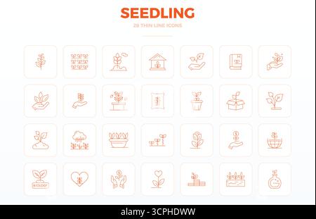 Perfectly balanced 28 Thin Outline PIXEL perfect vector icons for Seedling, sized at 128x128 for harmonious integration in digital design projects. Stock Vector